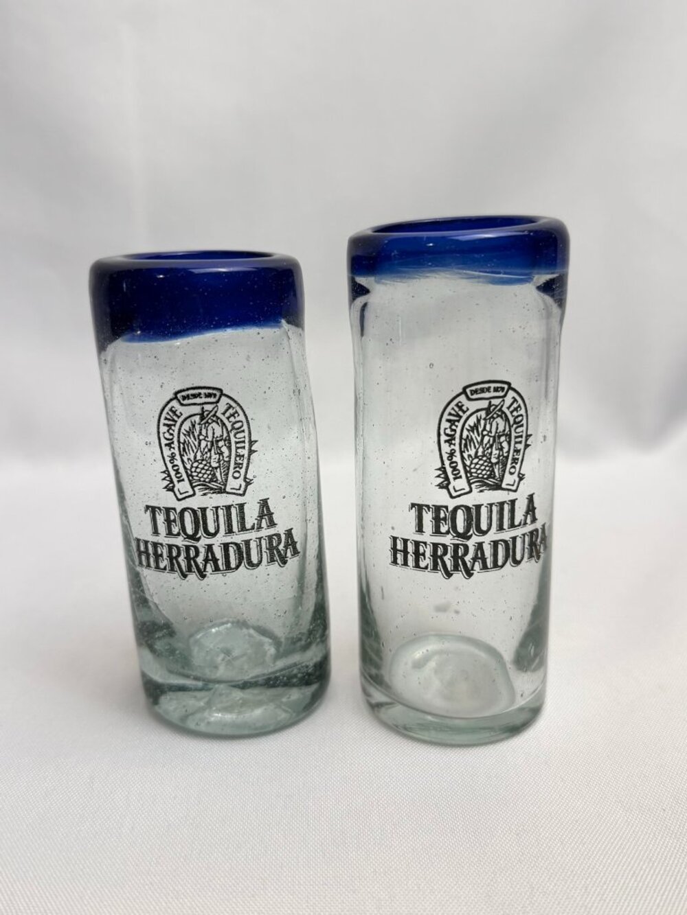 Herradura Tequila Shot Glass Set of Two Blue Rim Mexican Barware